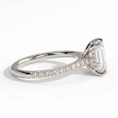 Emerald lab-grown diamond halo engagement ring in 18K (750) white gold, detail view 