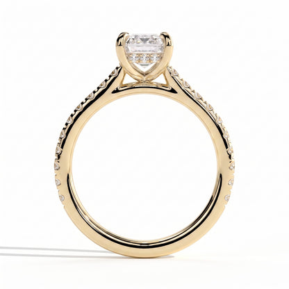 Emerald lab-grown diamond halo engagement ring in 18K (750) yellow gold, side profile 