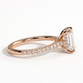 Emerald lab-grown diamond halo engagement ring in 18K (750) rose gold, detail view 