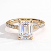 Emerald lab-grown diamond halo engagement ring in 18K (750) yellow gold, front view 