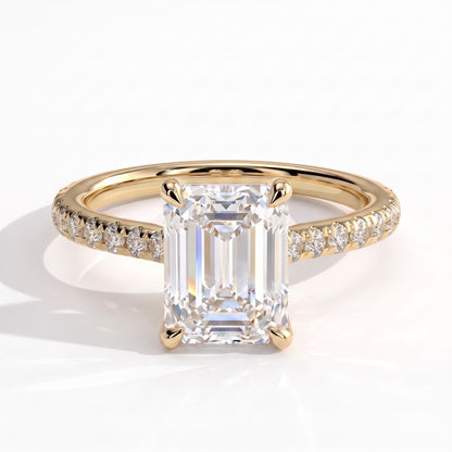 Emerald lab-grown diamond halo engagement ring in 18K (750) yellow gold, front view 