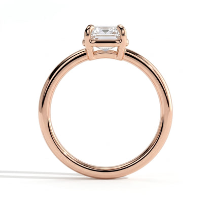 Emerald lab-grown diamond bezel-set solitaire engagement ring in 18K (750) rose gold, side profile 