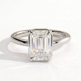 Emerald lab-grown diamond bezel-set solitaire engagement ring in 18K (750) white gold, front view 