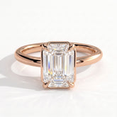 Emerald lab-grown diamond bezel-set solitaire engagement ring in 18K (750) rose gold, front view 