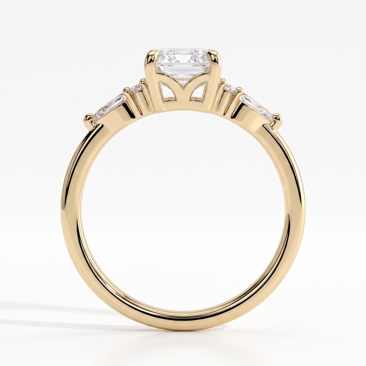 Emerald lab-grown diamond halo engagement ring in 18K (750) yellow gold, side profile 