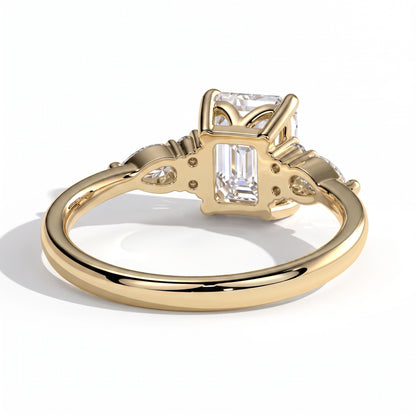 Emerald lab-grown diamond halo engagement ring in 18K (750) yellow gold, on white background 