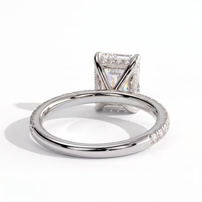Emerald lab-grown diamond halo engagement ring in 14K (585) white gold, on white background 