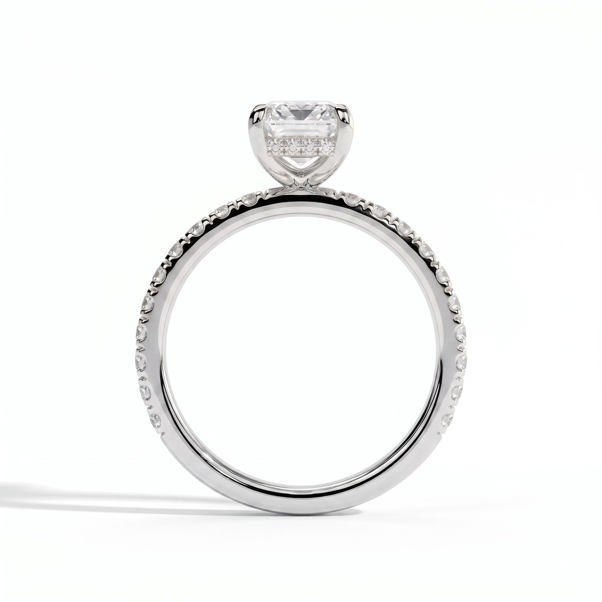Emerald lab-grown diamond halo engagement ring in 14K (585) white gold, side profile 