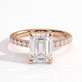 Emerald lab-grown diamond halo engagement ring in 14K (585) rose gold, front view 