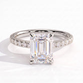 Emerald lab-grown diamond halo engagement ring in 14K (585) white gold, front view 