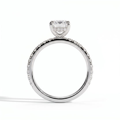 Emerald lab-grown diamond halo engagement ring in 18K (750) white gold, side profile 
