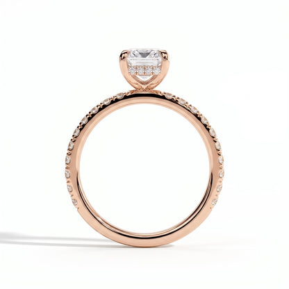 Emerald lab-grown diamond halo engagement ring in 18K (750) rose gold, side profile 