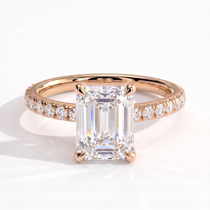 Emerald lab-grown diamond halo engagement ring in 18K (750) rose gold, front view 