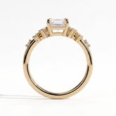 Emerald lab-grown diamond three-stone engagement ring in 14K (585) yellow gold, side profile 