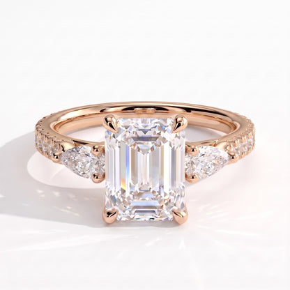 Emerald lab-grown diamond three-stone engagement ring in 14K (585) rose gold, front view 