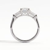 Emerald lab-grown diamond three-stone engagement ring in 950 platinum, side profile 
