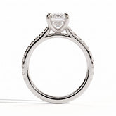 Emerald lab-grown diamond halo engagement ring in 950 platinum, side profile 