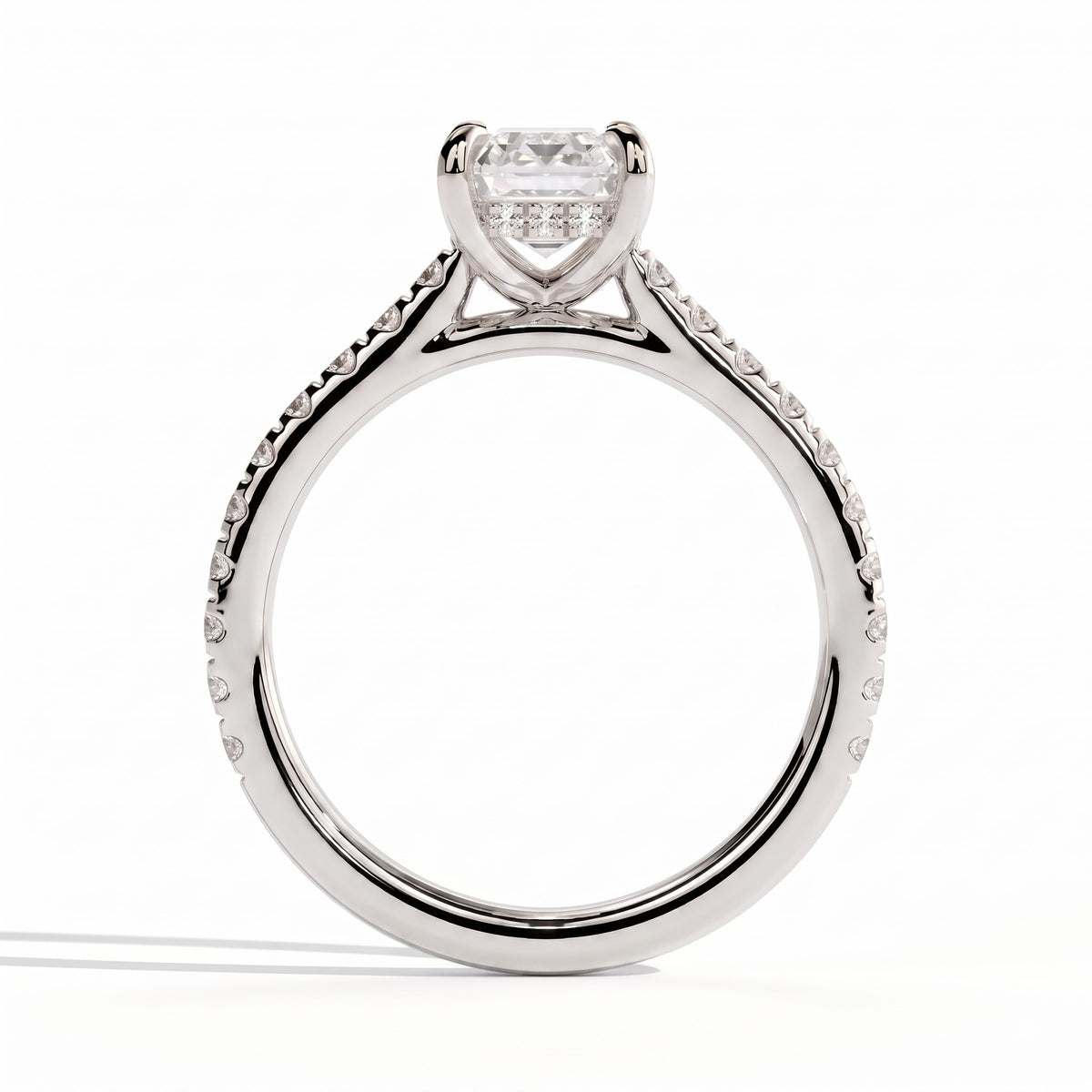 Emerald lab-grown diamond halo engagement ring in 950 platinum, side profile 