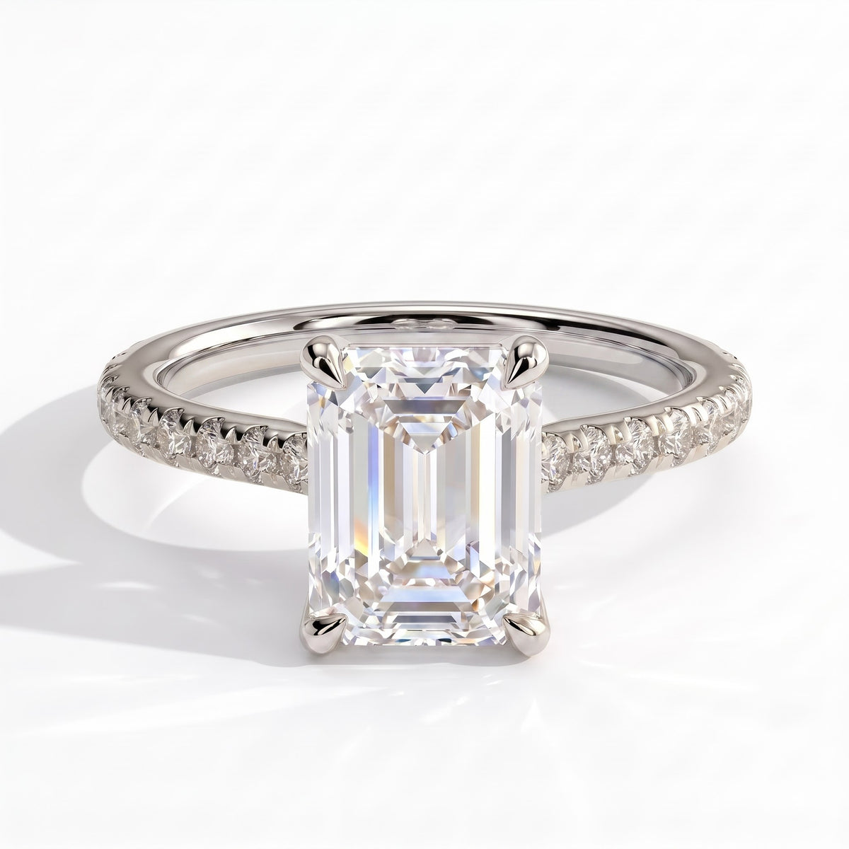 Emerald lab-grown diamond halo engagement ring in 950 platinum, front view 