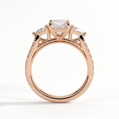 Emerald lab-grown diamond three-stone engagement ring in 18K (750) rose gold, side profile 