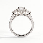 Emerald lab-grown diamond three-stone engagement ring in 18K (750) white gold, side profile 