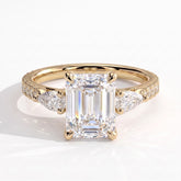 Emerald lab-grown diamond three-stone engagement ring in 18K (750) yellow gold, front view 