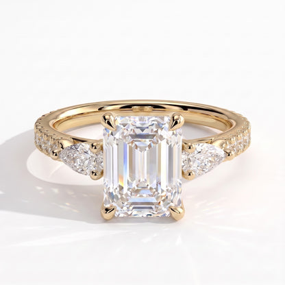 Emerald lab-grown diamond three-stone engagement ring in 18K (750) yellow gold, front view 