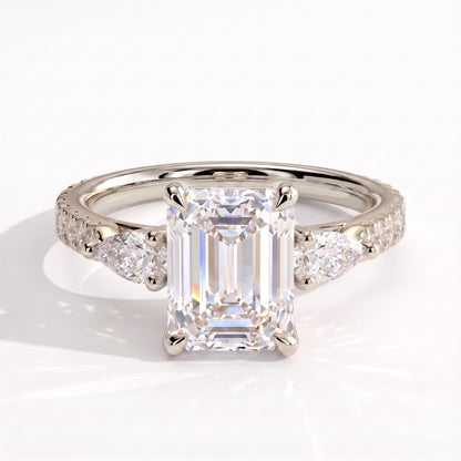 Emerald lab-grown diamond three-stone engagement ring in 18K (750) white gold, front view 