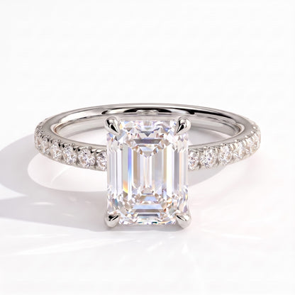 Emerald lab-grown diamond halo engagement ring in 950 platinum, front view 