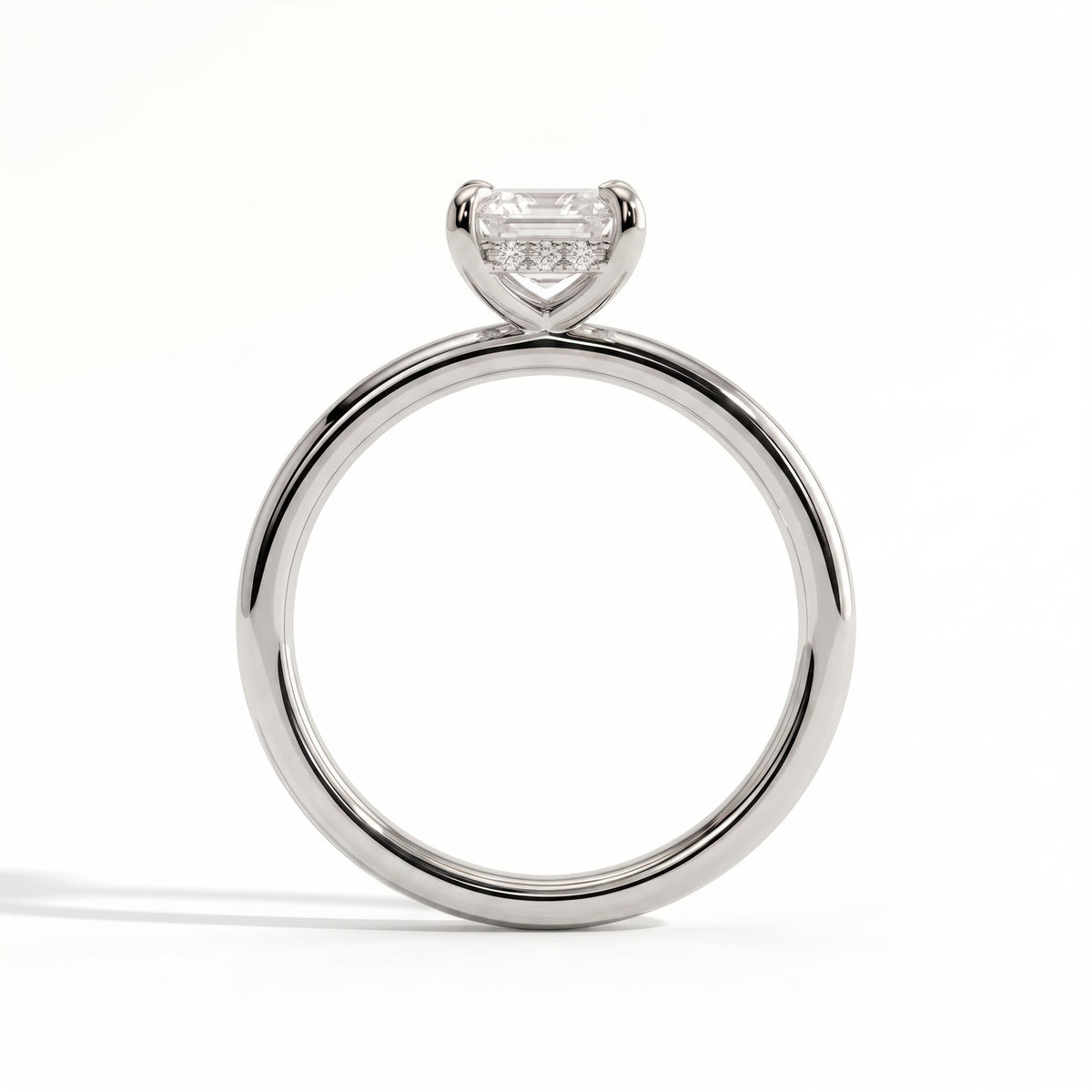 Emerald lab-grown diamond solitaire engagement ring in 14K (585) white gold, side profile 