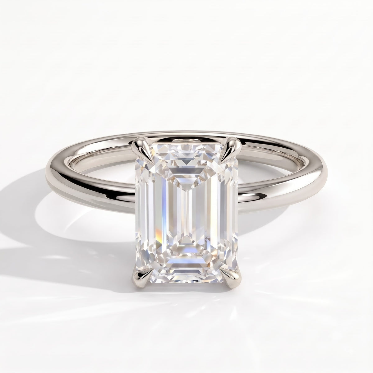 Emerald lab-grown diamond solitaire engagement ring in 14K (585) white gold, front view 