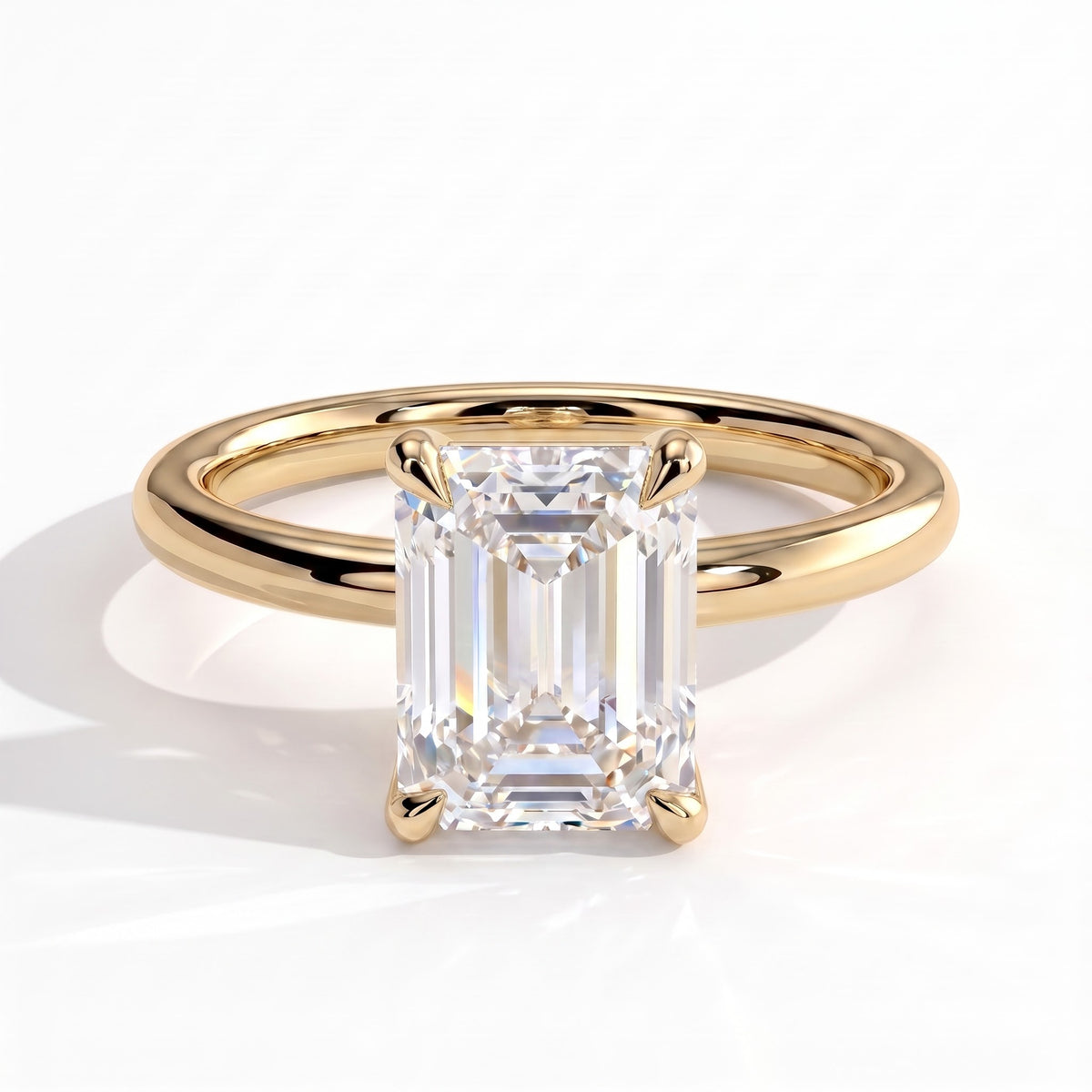 Emerald lab-grown diamond solitaire engagement ring in 18K (750) yellow gold, front view 