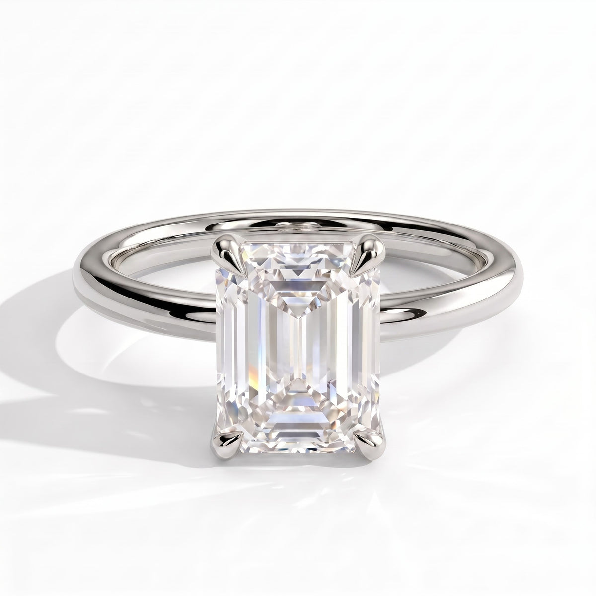 Emerald lab-grown diamond solitaire engagement ring in 18K (750) white gold, front view 