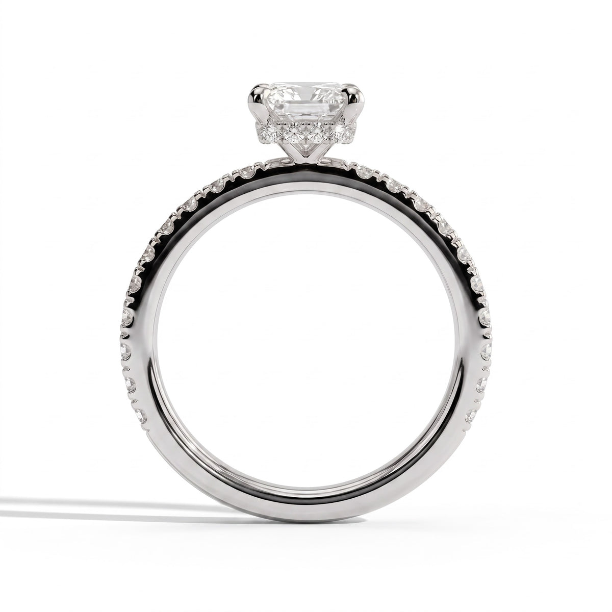 Radiant lab-grown diamond halo engagement ring in 14K (585) white gold, side profile 