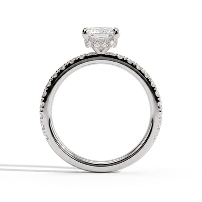 Radiant lab-grown diamond halo engagement ring in 14K (585) white gold, side profile 