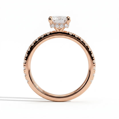 Radiant lab-grown diamond halo engagement ring in 14K (585) rose gold, side profile 