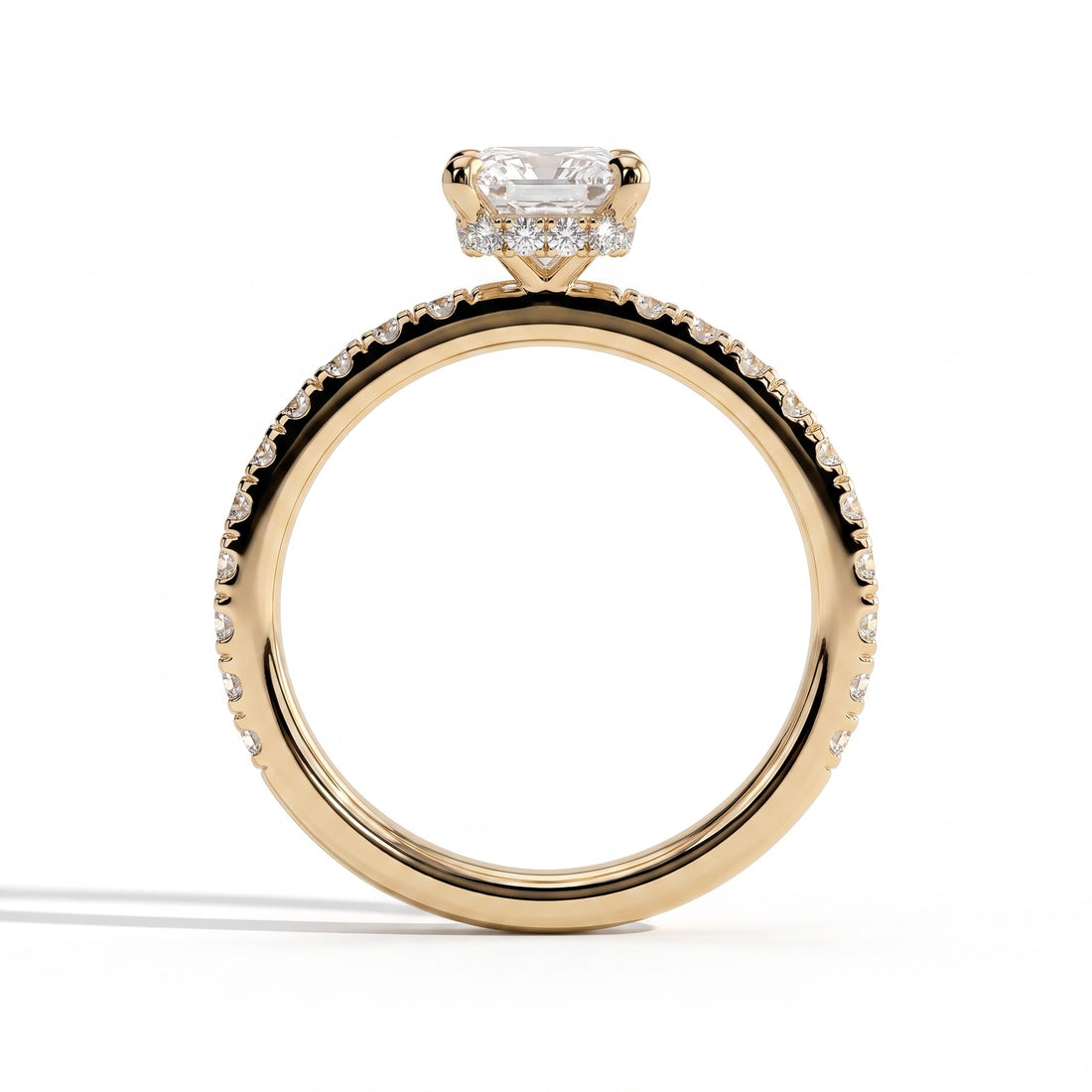Radiant lab-grown diamond halo engagement ring in 14K (585) yellow gold, side profile 