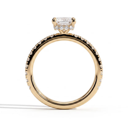 Radiant lab-grown diamond halo engagement ring in 14K (585) yellow gold, side profile 