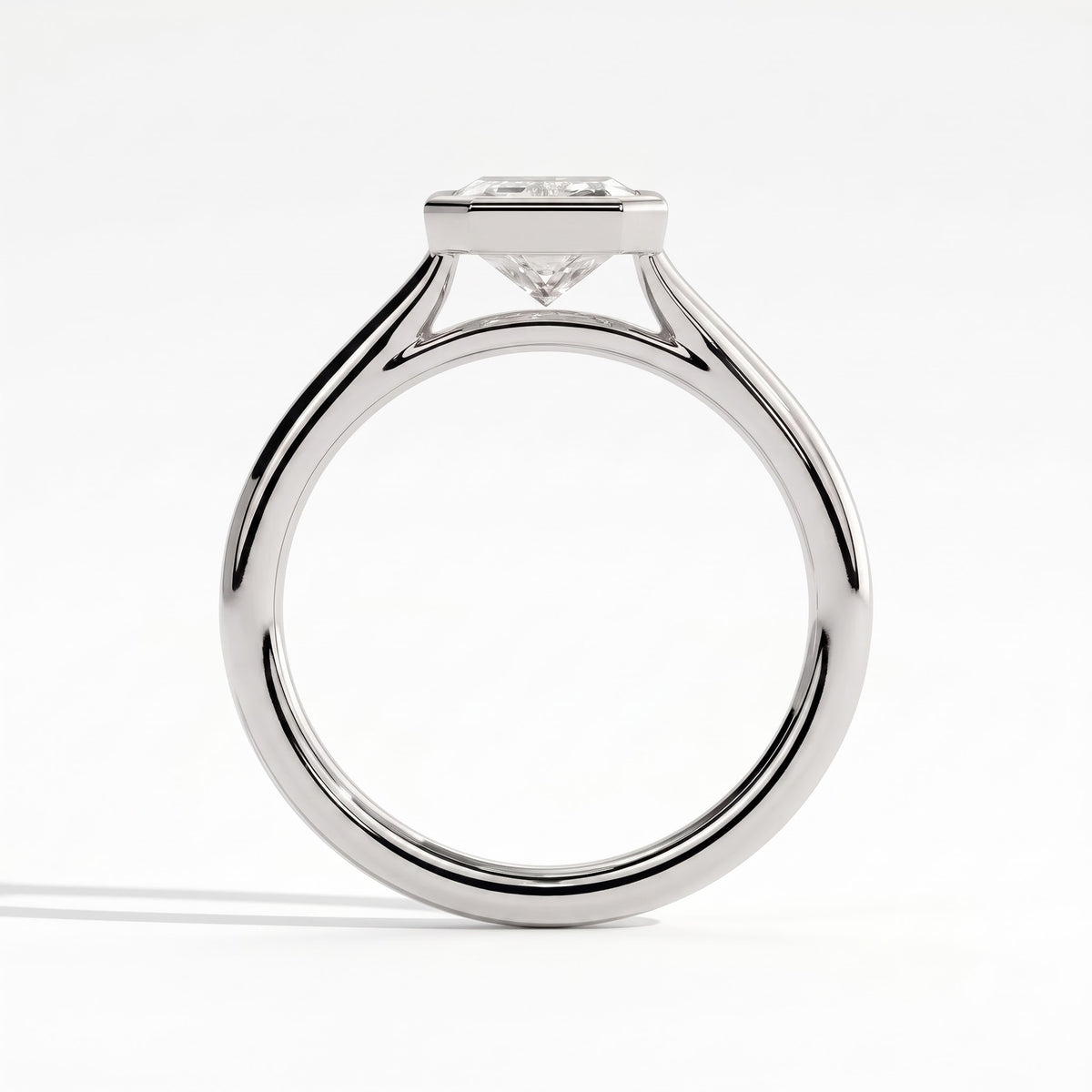Radiant lab-grown diamond bezel-set solitaire engagement ring in 14K (585) white gold, side profile 