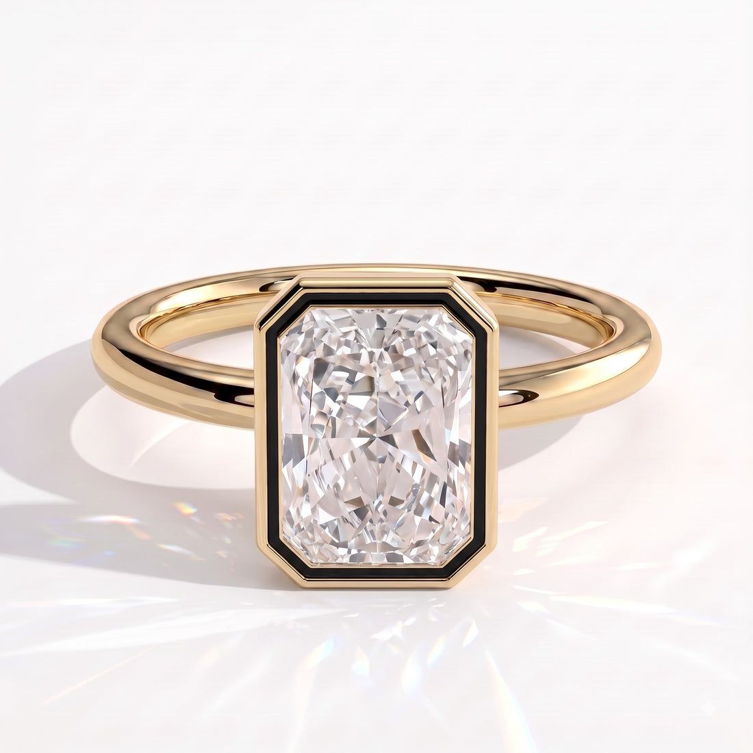 Radiant lab-grown diamond bezel-set solitaire engagement ring in 14K (585) yellow gold, front view 
