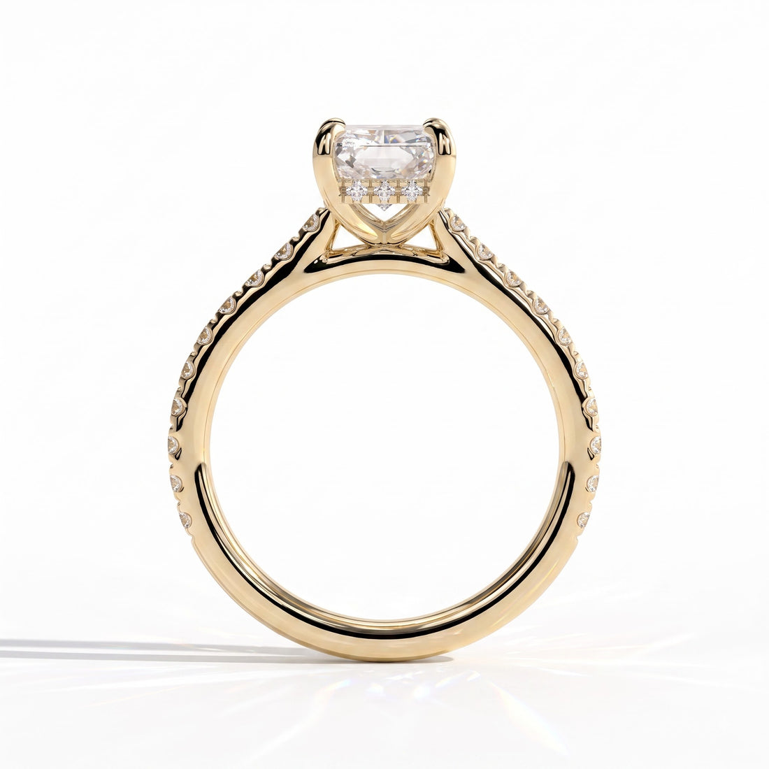 Radiant lab-grown diamond halo engagement ring in 14K (585) yellow gold, side profile 