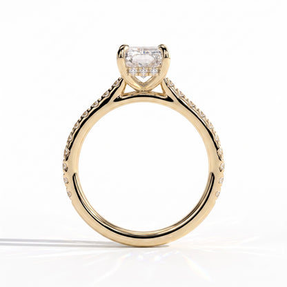 Radiant lab-grown diamond halo engagement ring in 14K (585) yellow gold, side profile 