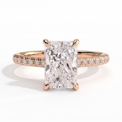 Radiant lab-grown diamond halo engagement ring in 14K (585) rose gold, front view 