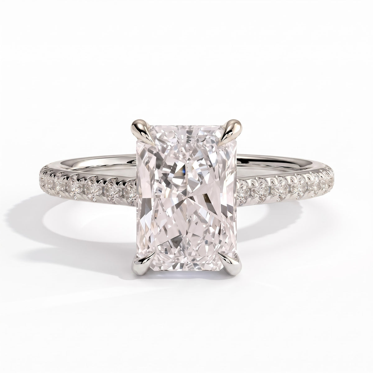 Radiant lab-grown diamond halo engagement ring in 14K (585) white gold, front view 