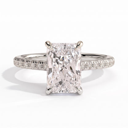 Radiant lab-grown diamond halo engagement ring in 14K (585) white gold, front view 