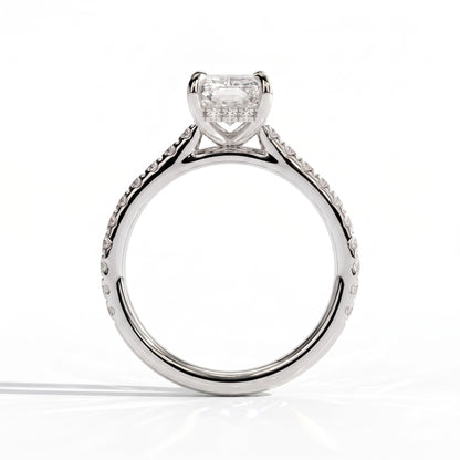 Radiant lab-grown diamond halo engagement ring in 14K (585) white gold, side profile 