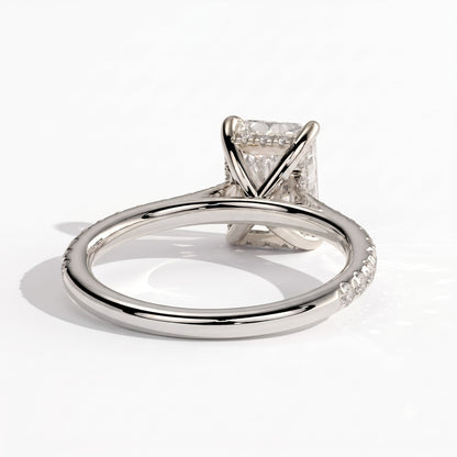 Radiant lab-grown diamond halo engagement ring in 14K (585) white gold, on white background 
