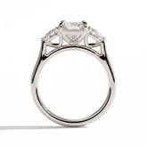 Radiant lab-grown diamond three-stone engagement ring in 14K (585) white gold, side profile 