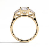 Radiant lab-grown diamond three-stone engagement ring in 14K (585) yellow gold, side profile 