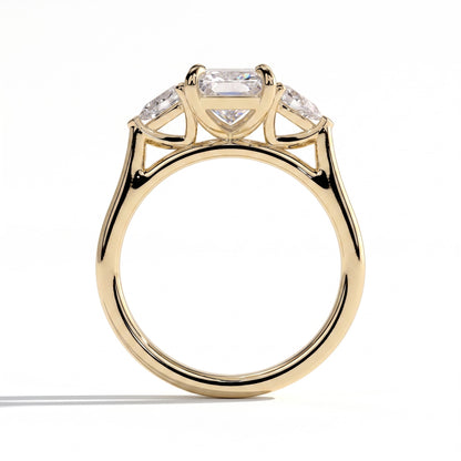 Radiant lab-grown diamond three-stone engagement ring in 14K (585) yellow gold, side profile 